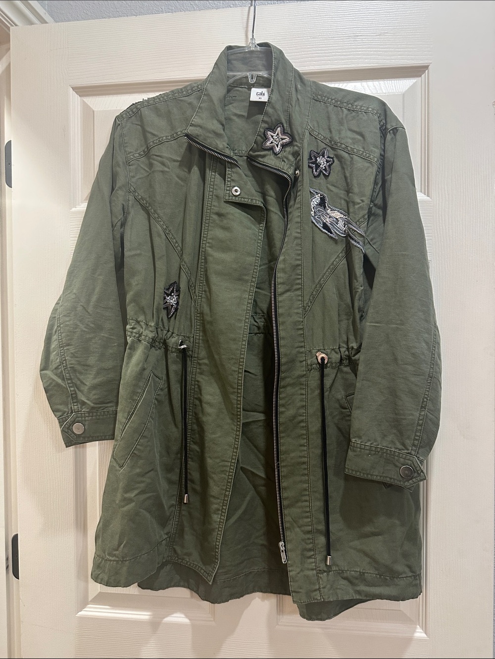 Cabi Olive Green Utility Anorak Jacket with Embroidered Patches